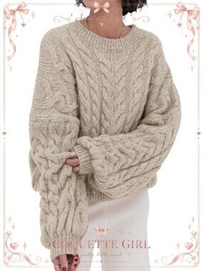 Cable Knit Oversized Crewneck Long Sleeve Chunky Pullover Sweater Loose Fit